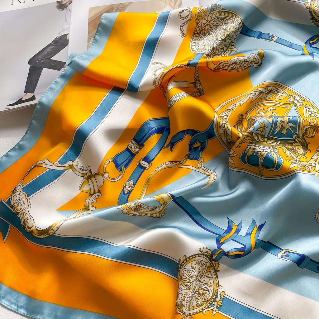 Elegant Women's Satin Square Scarf With Orange-Blue Altar Print Imitation Silk Scarf Breathable Windproof Fashion Accessory