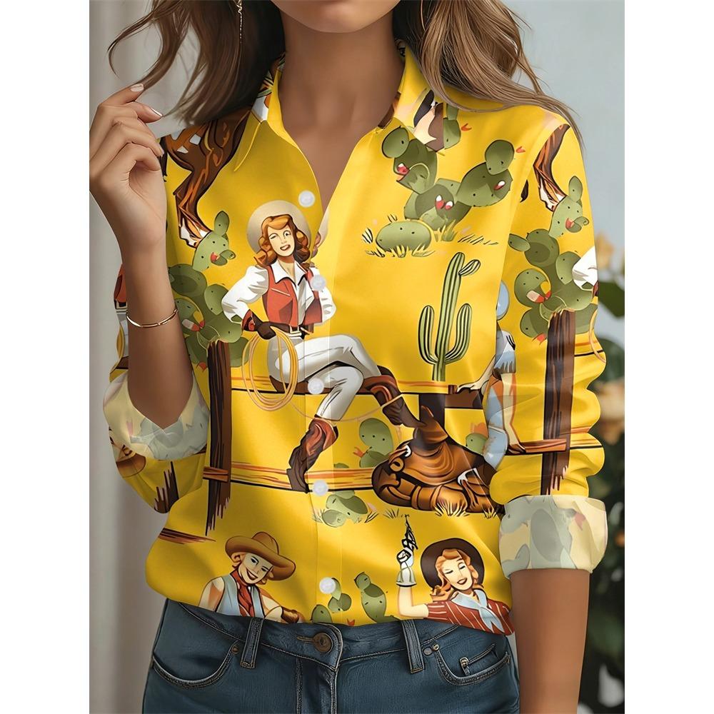 2026 New Spring Fall Women's Long-Sleeve Shirt Abstract Line Animal Print Button-Down Shirt with An