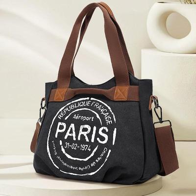 Women's Vintage Minimalist Paris Letter Print Commuter School Travel Small Crossbody Bag Handbag Tote Bag Large Capacity with Zipper Shoulder Bag