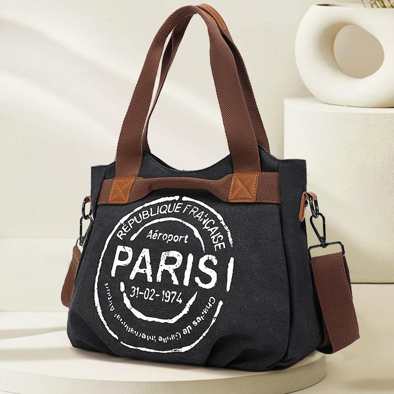 Women's Vintage Minimalist Paris Letter Print Commuter School Travel Small Crossbody Bag Handbag Tote Bag Large Capacity with Zipper Shoulder Bag