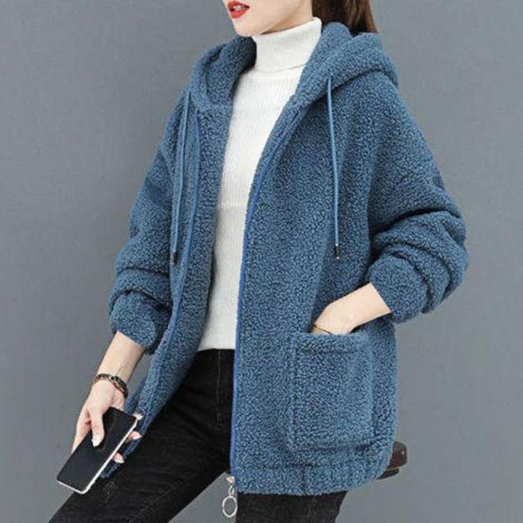 Winter Warm Plush Zipper Cardigan Jacket Women Coat Thick Solid Color Pockets Long Sleeves Loose Outdoor