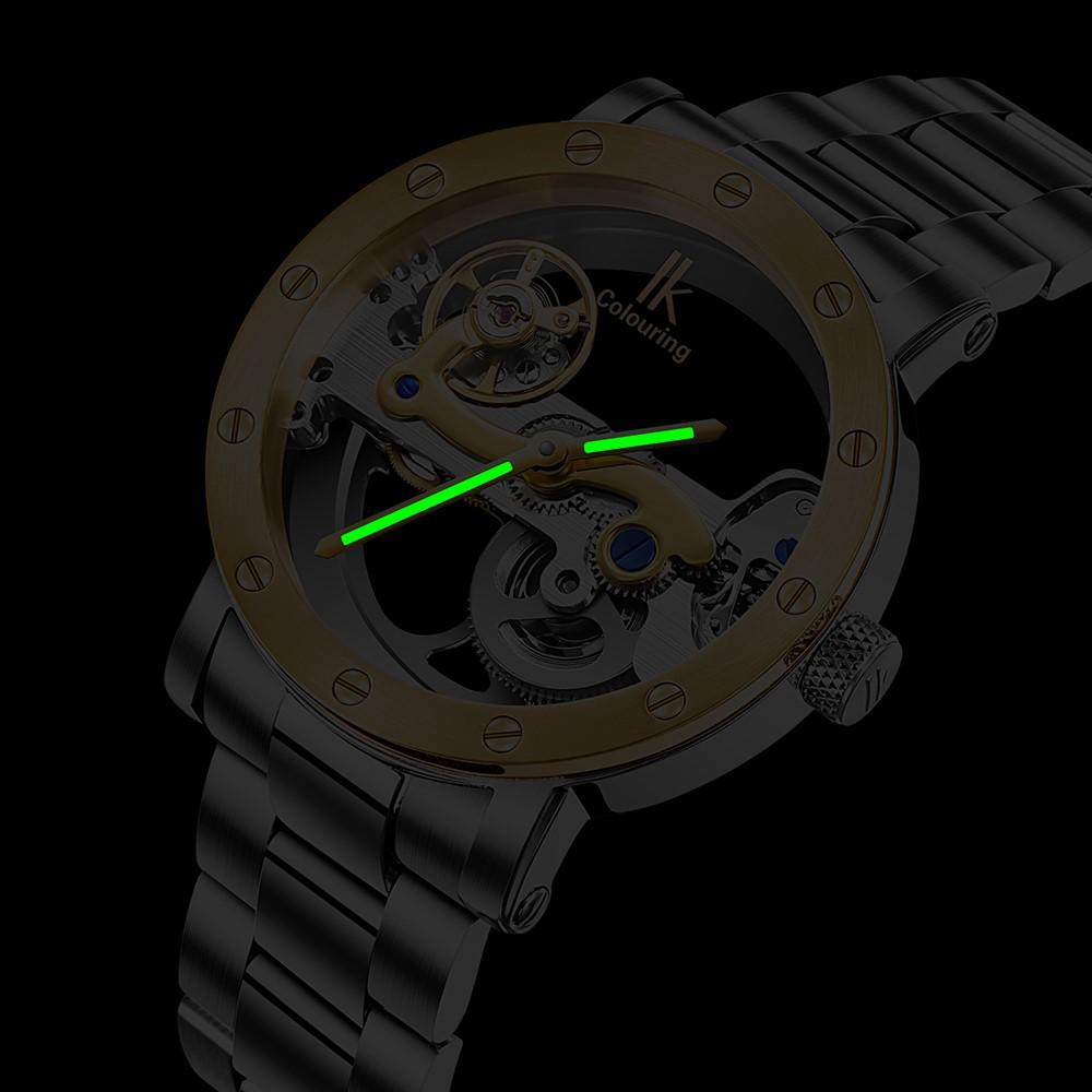IK Coloring Herrenuhren 5ATM Wasserdicht Edelstahl Automatisch Mechanisch Herren Armbanduhr Brücke Skelett Herren Uhr