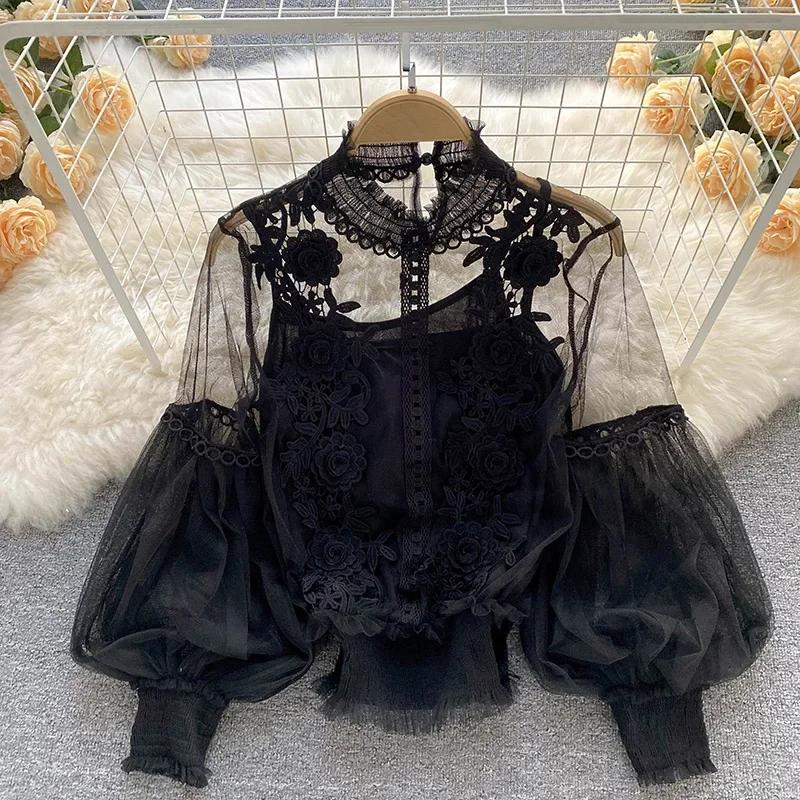 Spitze Puff Langarm Bluse Vintage-Mode Blusen Elegante Femme Blusas Koreanische Frau Tops Frauen Shirts Kleidung Dropshipping