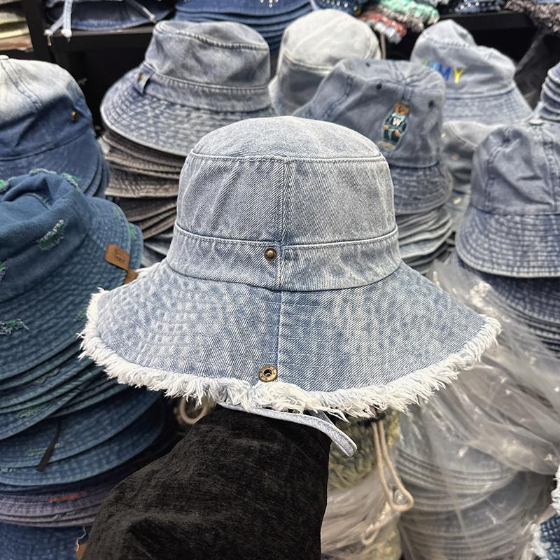 

Весенне-осенняя панама из выстиранного денима с необработанным краем для женщин, весенне-летняя уличная солнцезащитная шляпа-панама adult average size (55-58cm) светло-синий
