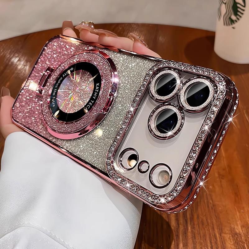 Rhinestone Glitter Magnetic Stand Case with Lens Film for iPhone 17 Pro Max, Drop-proof, Apple 16.