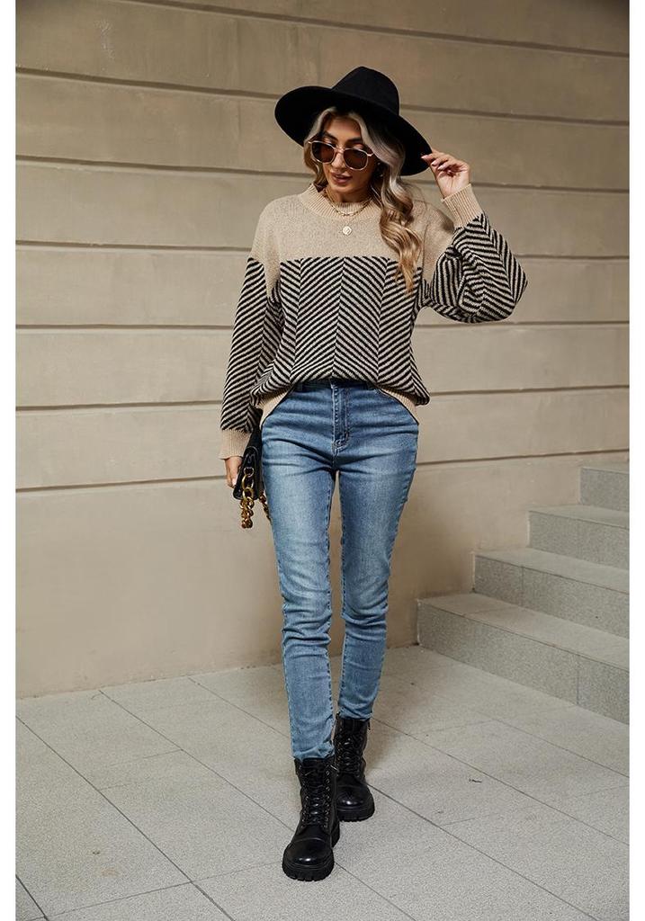 Women's 2024 Autumn/Winter Striped Casual Knit Sweater - European & American Style, Long Sleeve