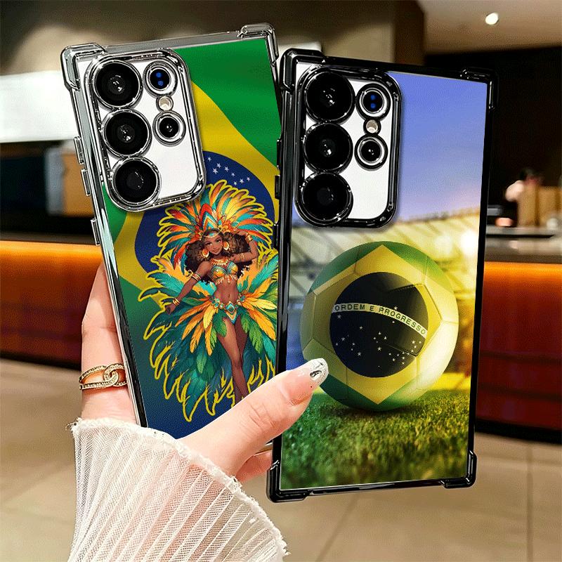 Brazil Brazilian Flag Plating Phone Case For Samsung Galaxy S24 S25 FE S26 Edge S23 Ultra S22 S21 Plus S20 Anti-Fall Airabag Cov