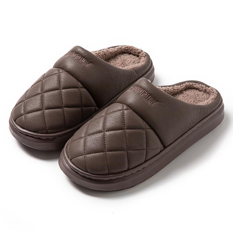 Warm waterproof cotton slippers men's winter PU leather indoor non-slip thick-bottomed velvet cotton slippers women