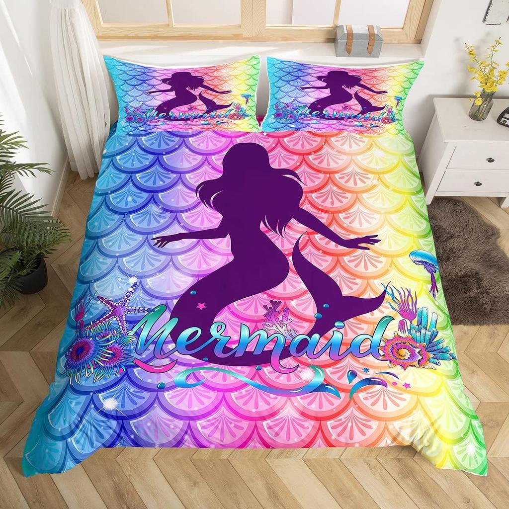 Cute Cartoon Mermaid Duvet Cover Twin Queen Ocean Themed Bedding Set Mermaid Princess Comforter Cover For Kids Girls Room Decor
