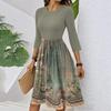 Women's Fashion Casual Waistband Seven Sleeve Round Neck Floral Flowy Dresses