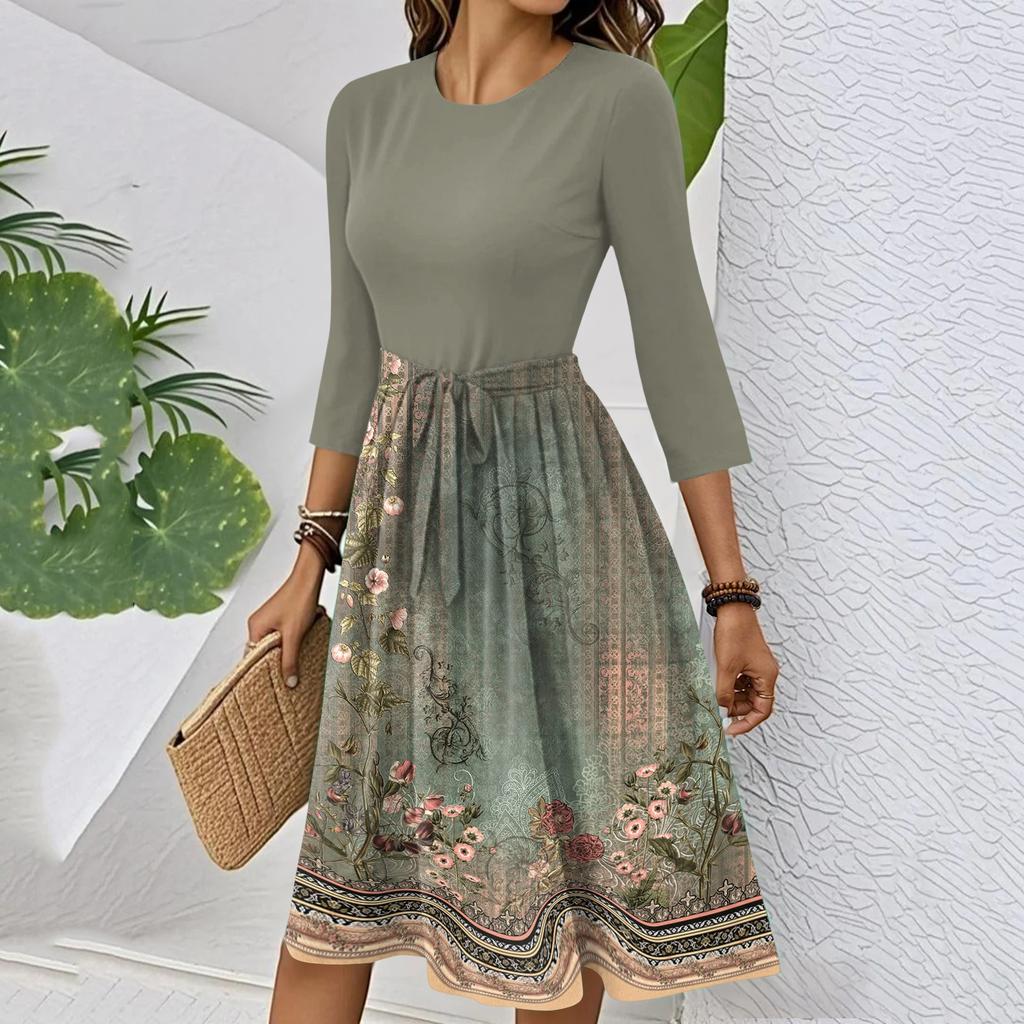 Women's Fashion Casual Waistband Seven Sleeve Round Neck Floral Flowy Dresses