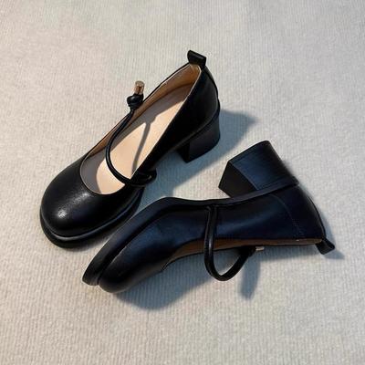 Zapatos de charol retro de una sola tira tipo Mary Jane para mujer, novedad de otoño, tacón grueso, tacón alto, punta redonda, boca ligera, zapatos versátiles para el trabajo
