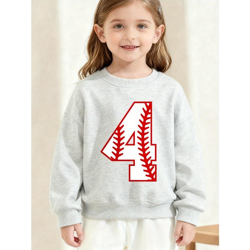 Kids Crewneck Sweatshirt, Baseball Style Number 4 Print, Sport Lovers Daily Casual Pullover