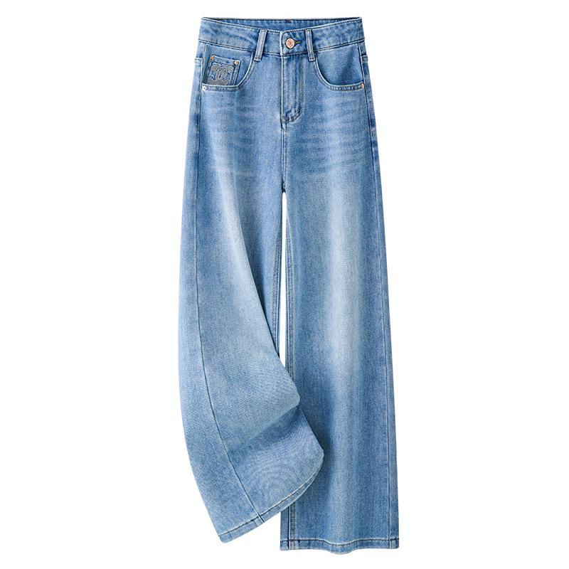 

Женские джинсы светло-голубого цвета с высокой посадкой и широкими штанинами - Весна 2025, облегающие бедра брюки прямого кроя для весны и осени. M