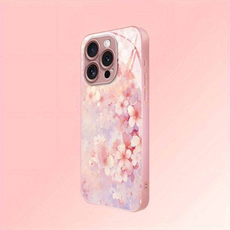 Art Cherry Blossoms Pattern Metallic Paint Glass Hard Phone Case For iPhone 17 Pro Max 11 12 13 14 15 16 Plus 16E 17Air Cover