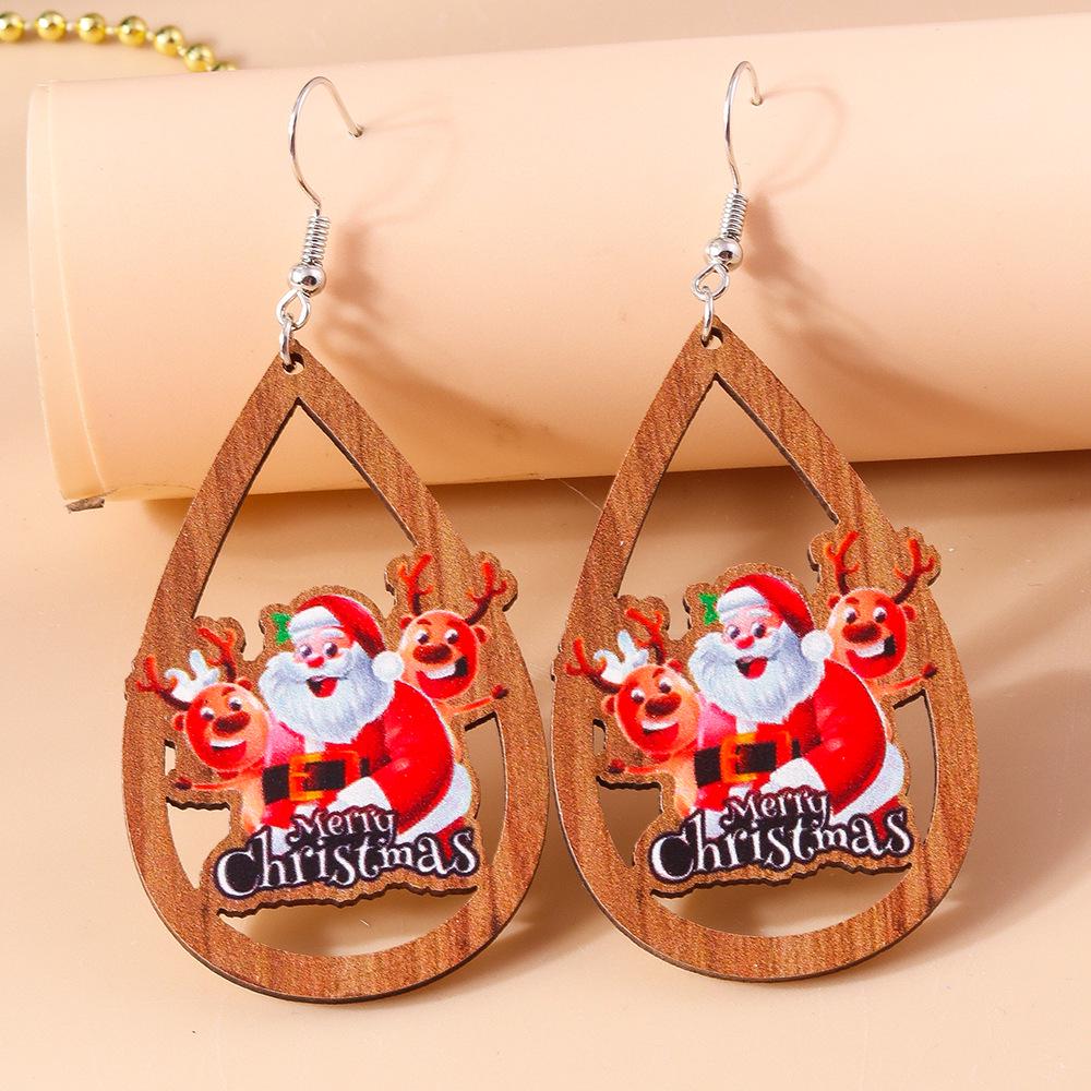 Cross-border Hollow Teardrop Wooden Christmas Earrings with Reindeer and Snowman