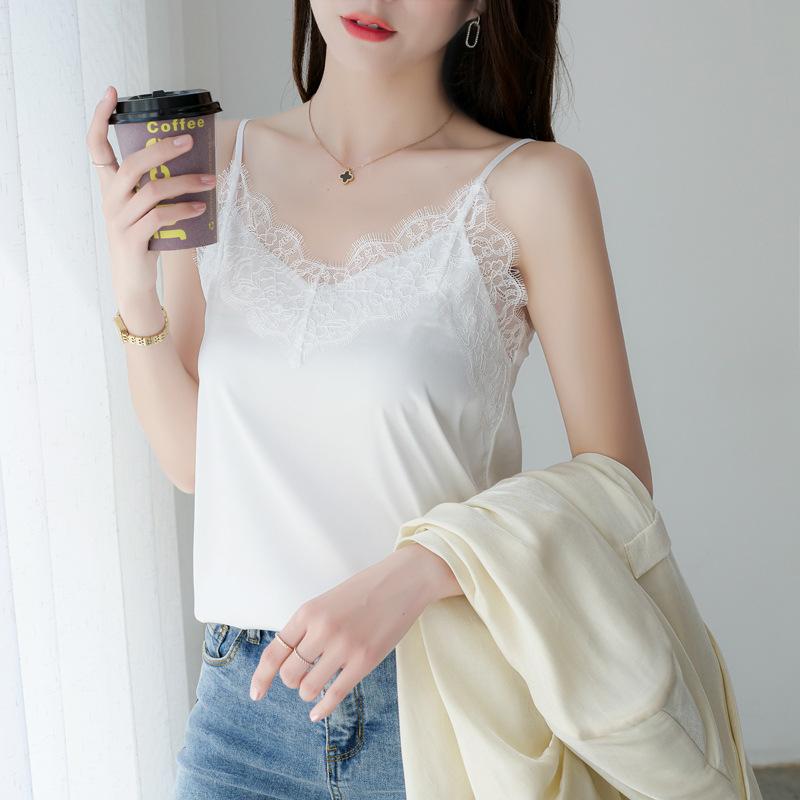 Summer Versatile Satin Interior Tops with Lace Solid Color Women’s Camis & Tank Tops