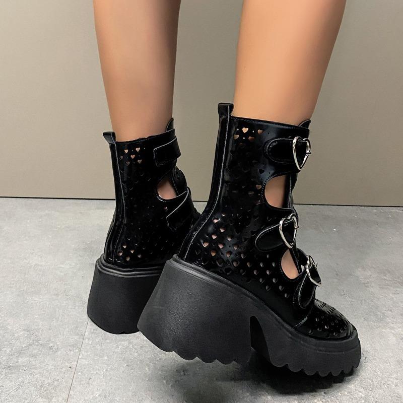 Fashion Metal Buckle Decoration  Boots Women's Thick Heel Thick Bottom Hollow Breathable Women's Shoes New Short Cool Boots
