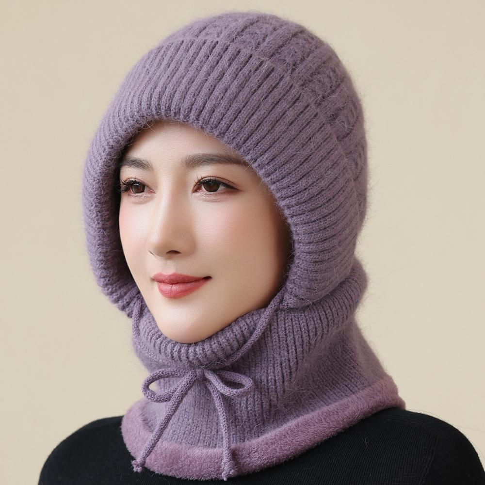 New Style Winter Women Keep Warm Knitted Hat Neck Protection Beanie Cap Fur Lined Warm Hats For Women Windproof Balaclava Cap