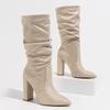Women Pleated Flocks High Thick Heel Mid-calf Boots for Outdoor Office Nightclub Evening Party Wedding Banquet Botas De Mujer