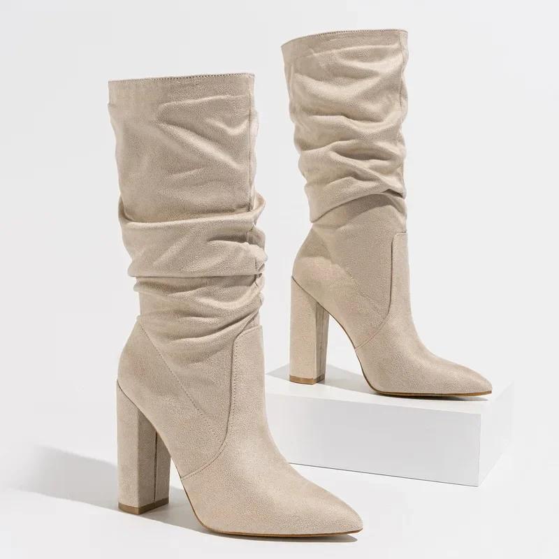 Women Pleated Flocks High Thick Heel Mid-calf Boots for Outdoor Office Nightclub Evening Party Wedding Banquet Botas De Mujer