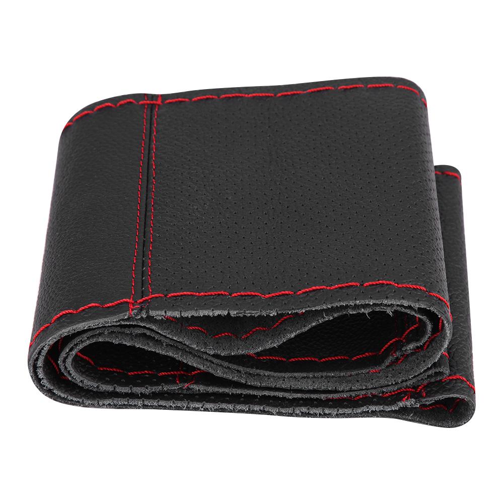 1 Pc 3738cm Car Auto Laser Drilling Cowhide Steering Wheel Cover Universal (Black Red)