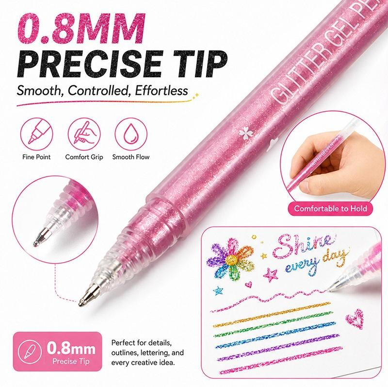 Colorful Glitter Gel Pens 12/36pcs Set 0.8mm Fine Point Vibrant Sparkle Highlighter Liner Stackable Shimmer Pattern