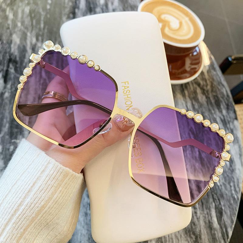 Sunglasses Diamond Pearl Decoration Large Frame Metal Glasses Sunshade Sunglasses Ns Catwalk Premium