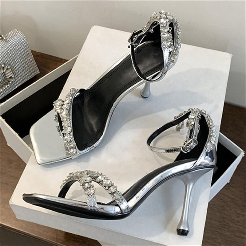 Fashion Eilyken Street Style Crystal Narrow Band Buckle Strap Women Sandals Sexy Thin High Heels Square Toe Banquet Party Shoes