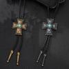 Vintage Faux Leather Cord Bolo Tie with Turquoises Crosses Pendant Adjustable Chain Necktie Necklace for Western Fashion