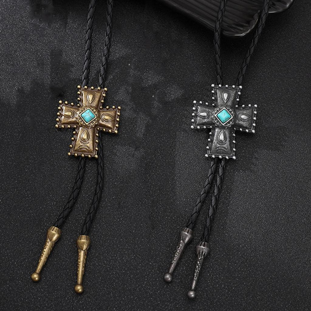 Vintage Faux Leather Cord Bolo Tie with Turquoises Crosses Pendant Adjustable Chain Necktie Necklace for Western Fashion