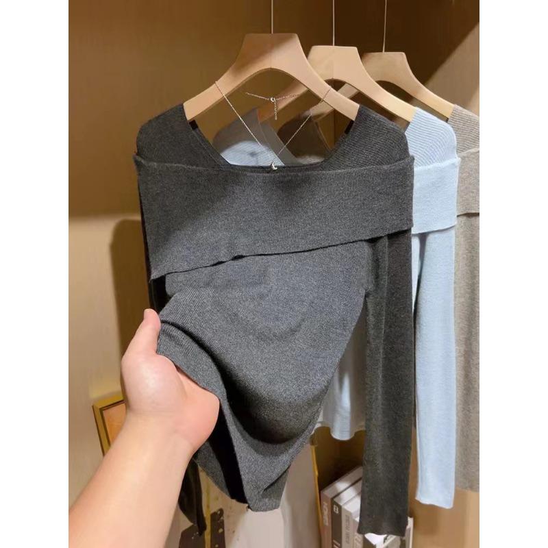 

Дизайнерский свитер с открытым плечом, лацканами, длинными рукавами, вязаный, женский, внутренний, приталенный, милый и пикантный, базовый свитер, верхняя одежда One size fits all [recommended 80-60kg]