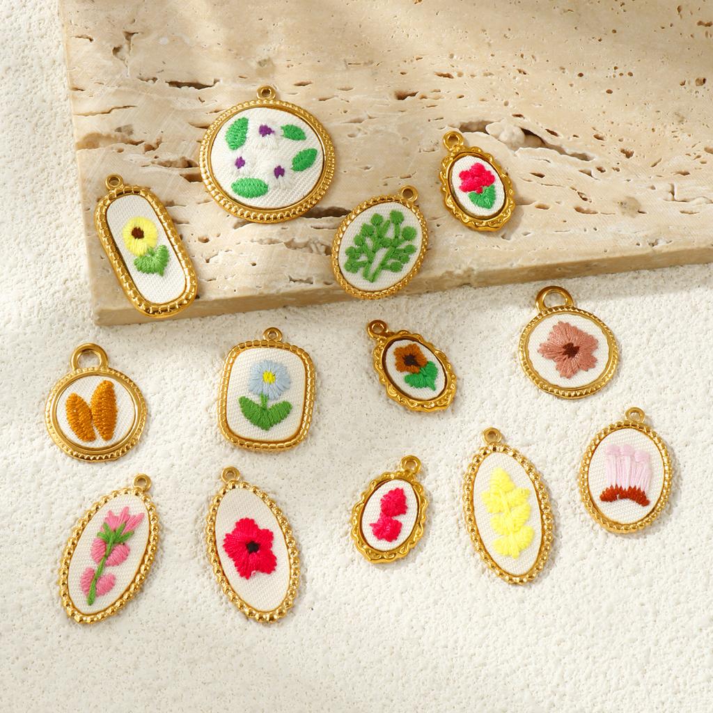 2Pcs Multicolor Geometric Flower Leaf Embroidered Charms 18K Gold Plated 304 Stainless Steel Pendant DIY Necklace Jewelry Making