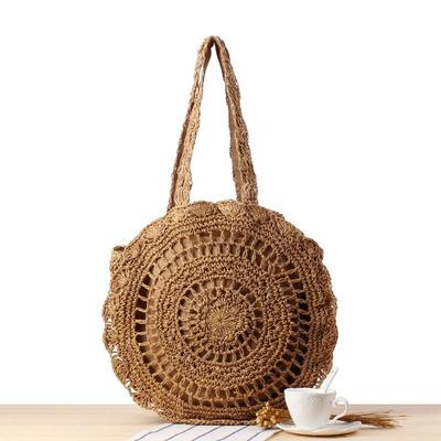 Borsa da spiaggia grande rotonda in paglia lavorata a mano Borse a tracolla da donna Bohemia Hollow Totes