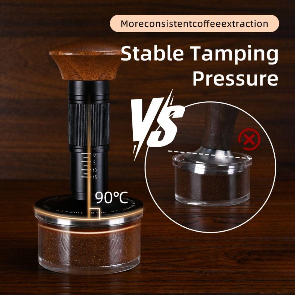 Auto Release Espresso Machine Tamper with Markings SUS304 Spring Loaded Tamper Eco-Friendly Walnut Handle Coffee Powder Hammer
