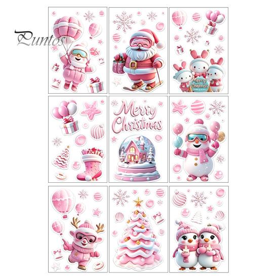 Christmas Window Clings 9Pcs Pink Static Clings, Santa Snowman Bunny Penguin Glass Bedroom Art Decals, Reusable Xmas Stickers, Holiday Decor for Home