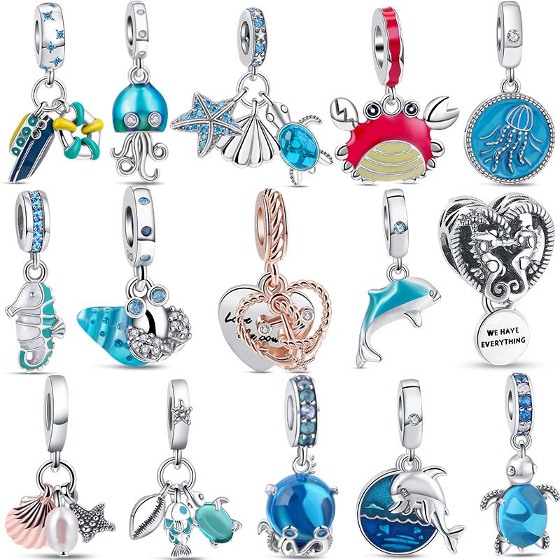 Ocean Series Charms Shellfish Seahorses Crab Ship Fashion Beads Dangle Fit Original Pendant Bracelet For Woman Exquisite Zircon