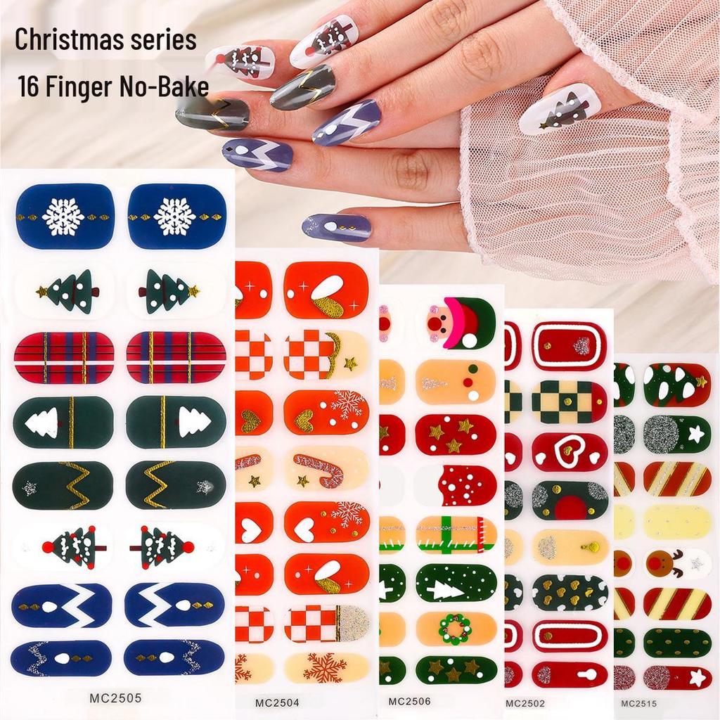 16-Piece European/American Christmas Gel Nail Stickers – No-Bake, French Manicure Style