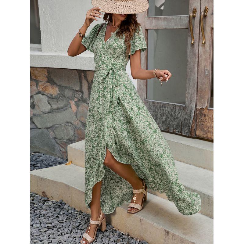 

Летнее новое платье-бандаж с V-образным вырезом, принтом и коротким рукавом, в пляжном стиле для отпуска, с большой юбкой и богемным платьем Green S