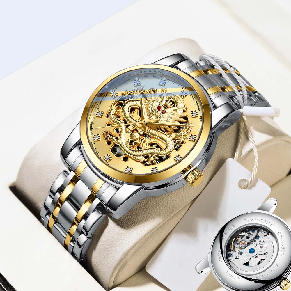 CHENXI Fully Automatic Mechanical Watch Embossed Golden Dragon Skeleton Design Waterproof Chinese Dragon Fashion Men's Watch