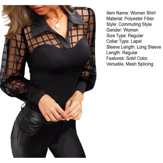 Women Shirt Lapel Long Sleeve Perspective Mesh Splicing Summer Shirt Commuting Style Soft Stretchy