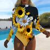 Women Long Sleeve One Piece Swimsuit Zip Front Rose Flower Print Rash Guard Surfing Bathing Suit