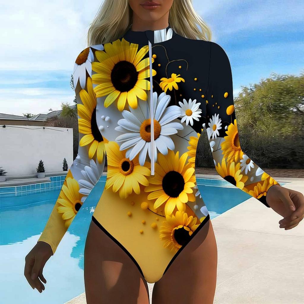 Women Long Sleeve One Piece Swimsuit Zip Front Rose Flower Print Rash Guard Surfing Bathing Suit