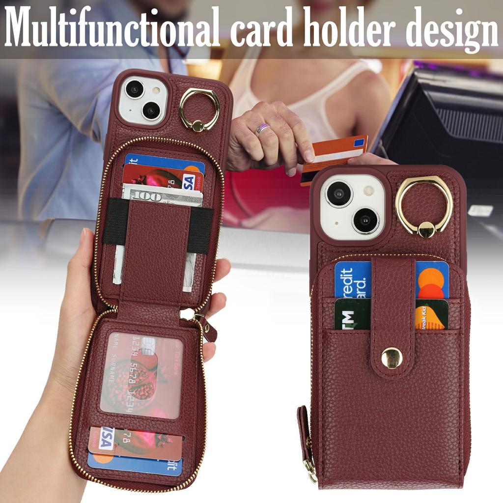 Pro iPhone 14/13 Pouzdro se zipovou kapsičkou/Kroužkovým stojánkem/Poutkem PU s texturou liči + TPU Kryt na telefon