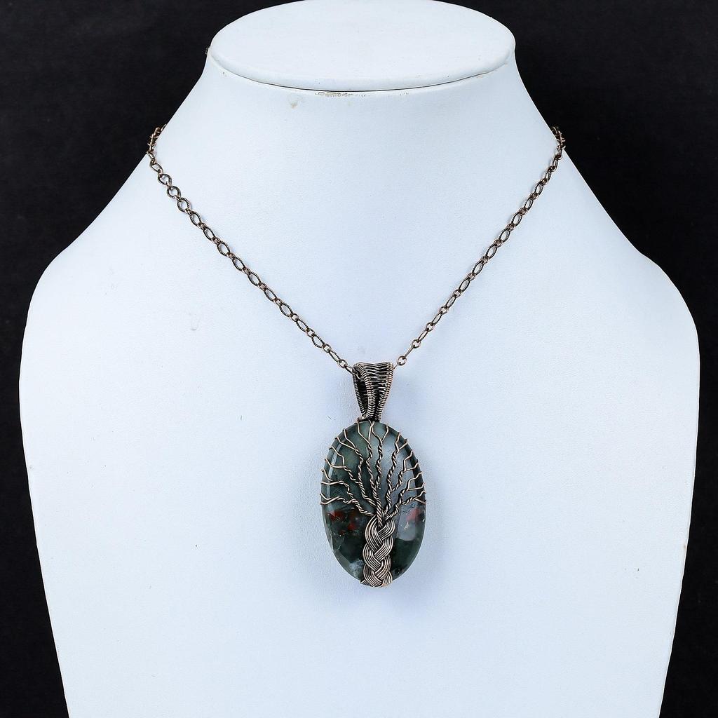 Tree Of Life Bloodstone Gemstone Pure Copper Wire Wrap Handmade Jewelry Pendant