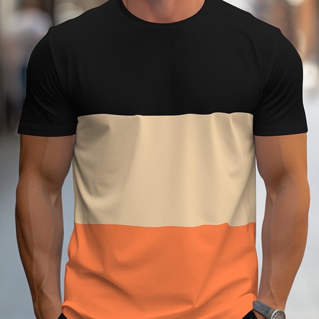Men's Contrast Color Stripe Pattern Print T-shirt With Crew Neck And Short Sleeve, Casual And Comfy For Summer Leisurewear
