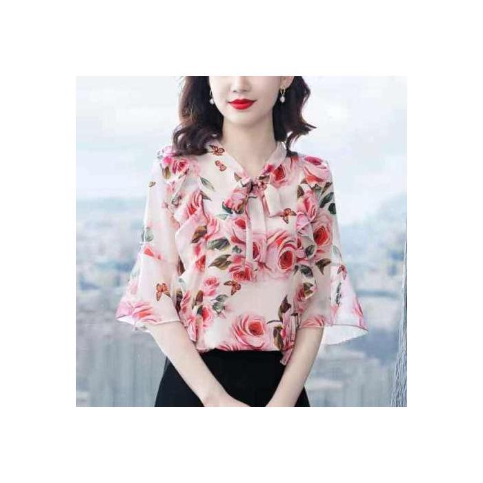 Women's Floral Chiffon Blouse with Bow - 2025 Summer Fashion, Flare Sleeves, Elegant Fairy Style.