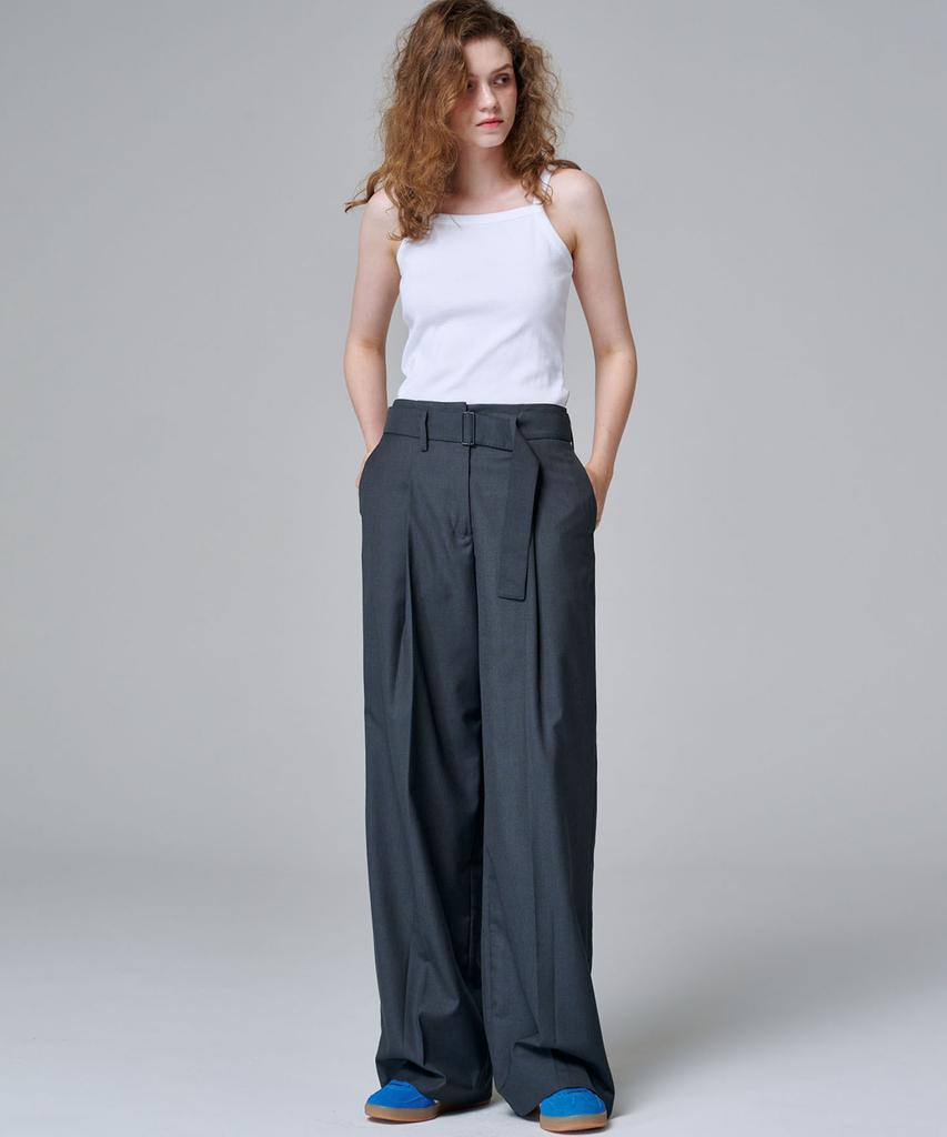 MALOUPE 2155 Single-Pleat Belted Wide Pants (Dark Gray)