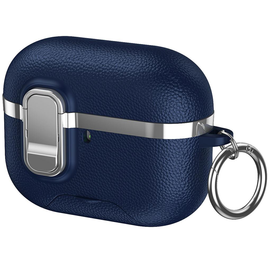For AirPods Pro 3 Case Foldable Stand Electroplated Litchi Texture TPU PC Earbuds Cover with Switch / Carabiner