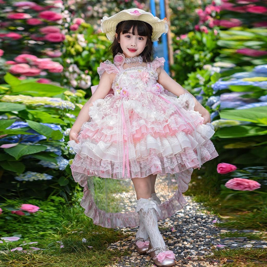 Girls' Pink Lolita Princess Dress - Summer Floral Birthday Gown